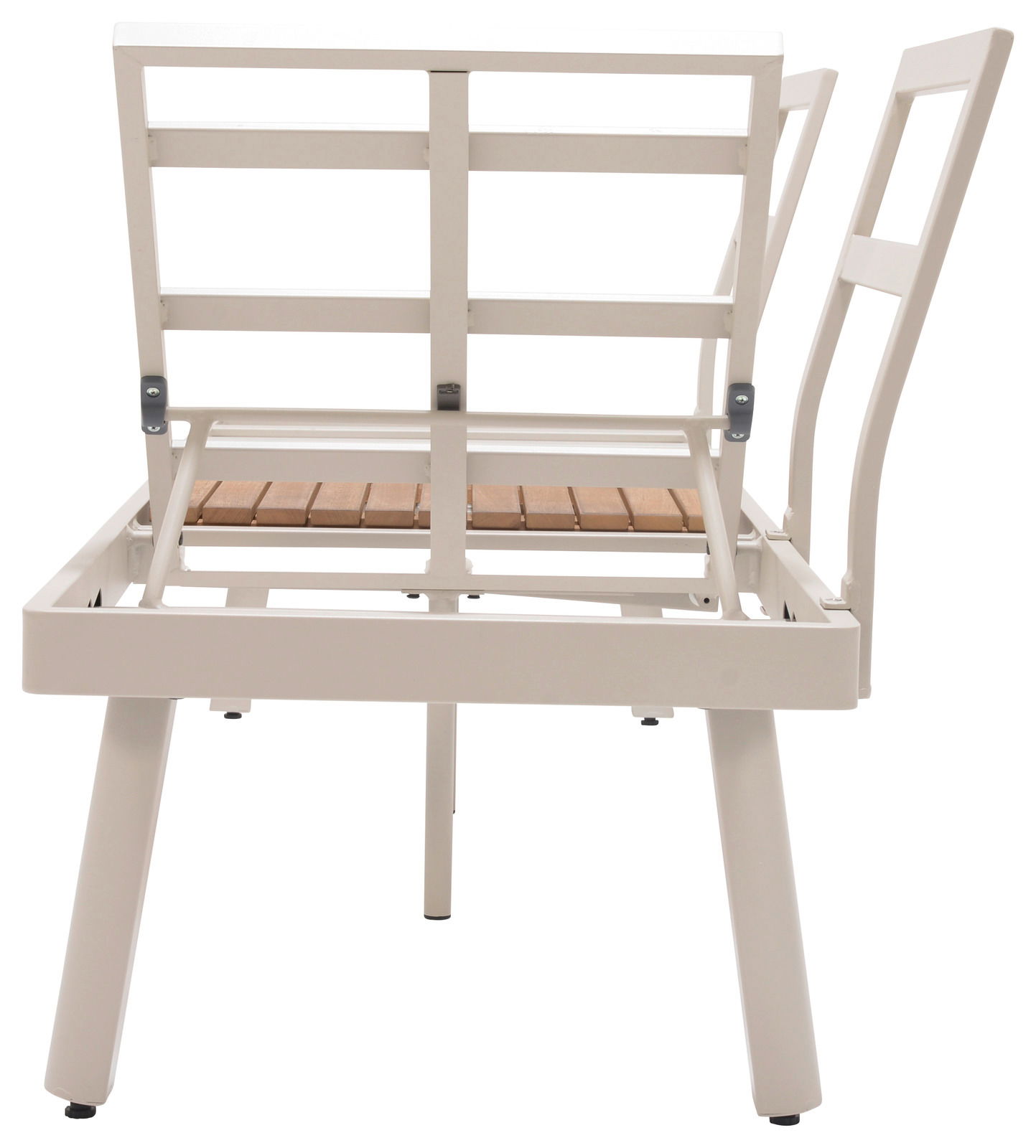 Rückansicht einer weißen Lounge-Kombination mit Metallrahmen und Holzlatten.