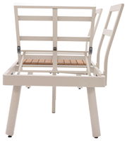 Rückansicht einer weißen Lounge-Kombination mit Metallrahmen und Holzlatten.