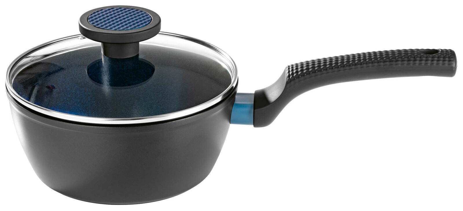 Schwarzer Kochtopf mit Glasdeckel und blauem Griff, seitliche Perspektive
