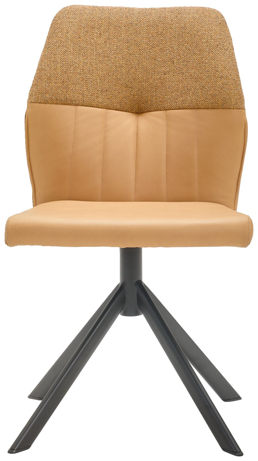 Moderne stoel met beklede zitting en rugleuning in beige, op een zwart metalen onderstel, vooraanzicht.