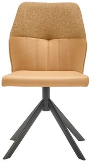 Moderne stoel met beklede zitting en rugleuning in beige, op een zwart metalen onderstel, vooraanzicht.