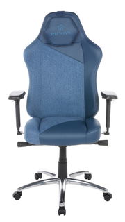 Vorderansicht eines blauen Gaming-Stuhls mit ergonomischem Design und verstellbaren Armlehnen.