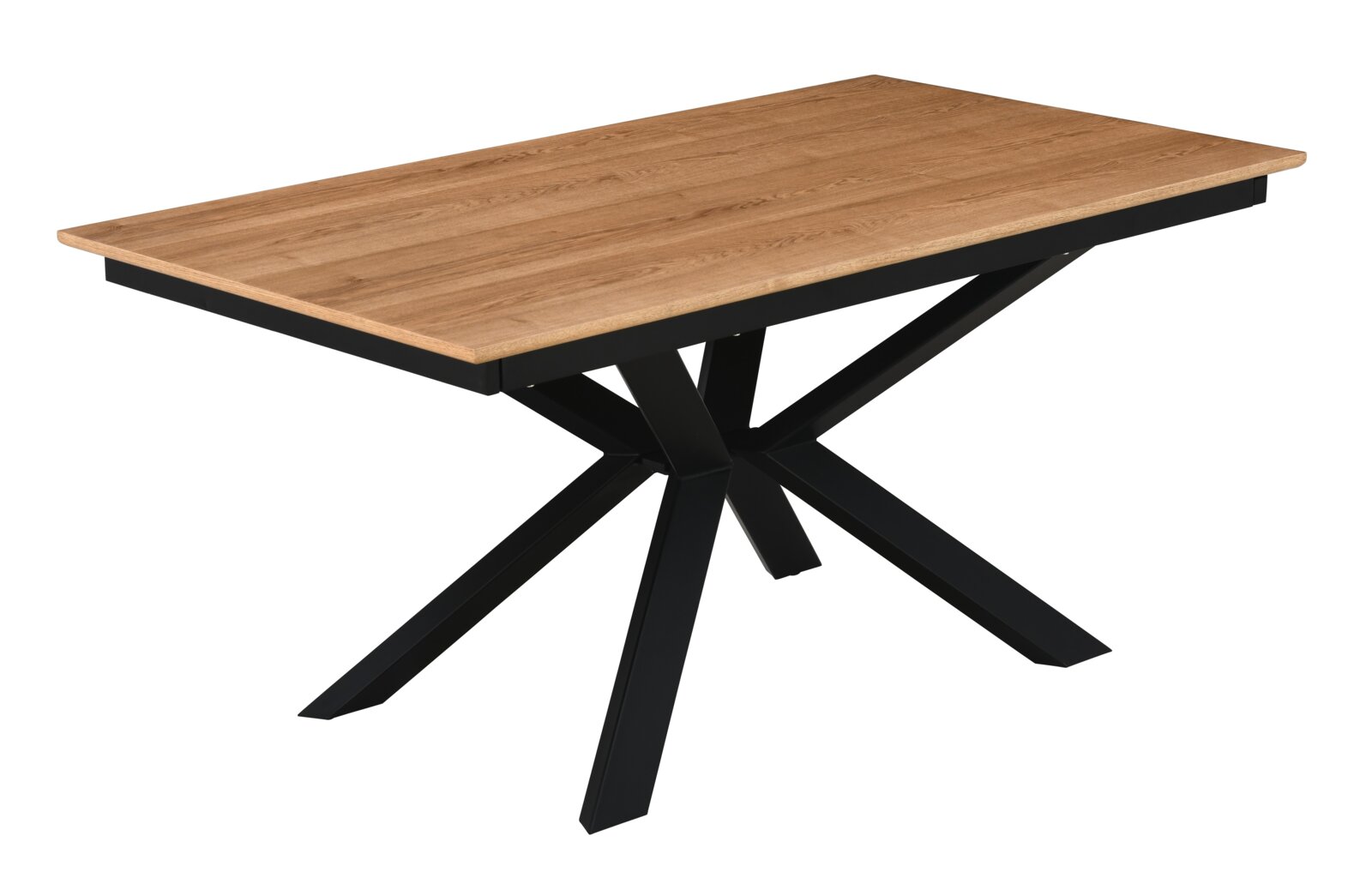 Rechteckiger Esstisch mit Holzplatte in Eichenoptik und schwarzem Metallgestell im Kreuzdesign, freigestellt auf weißem Hintergrund, perspektivische Ansicht schräg von oben