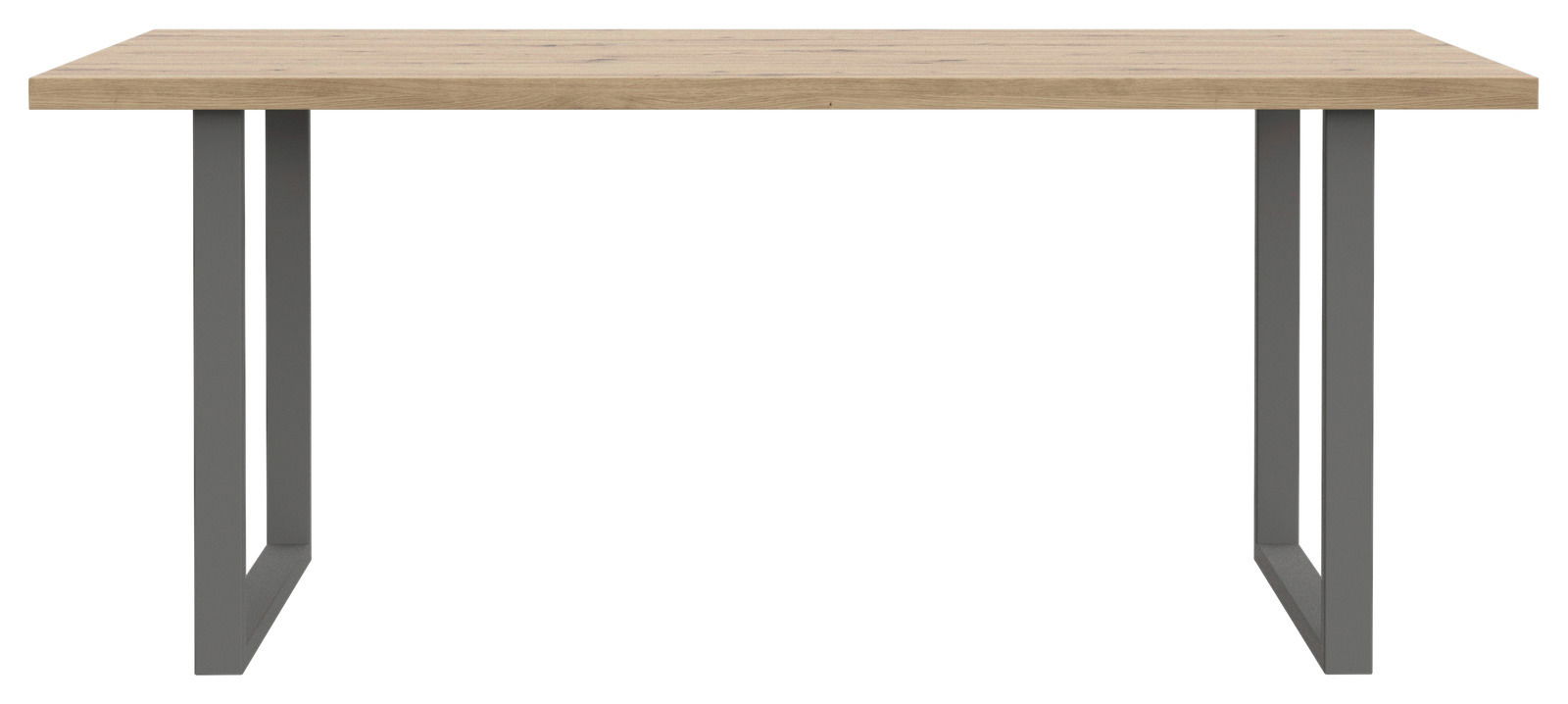 Moderner Esstisch mit Holzplatte und grauen Metallbeinen, Frontalansicht.