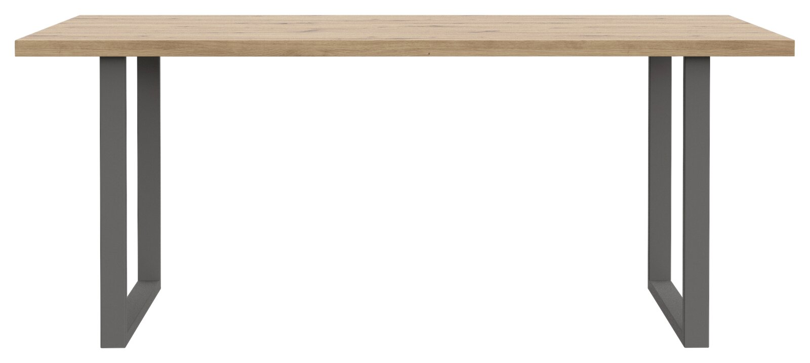 Moderner Esstisch mit Holzplatte und grauen Metallbeinen, Frontalansicht.