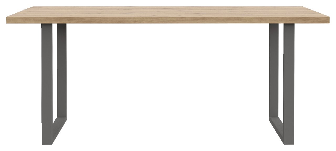 Moderner Esstisch mit Holzplatte und grauen Metallbeinen, Frontalansicht.