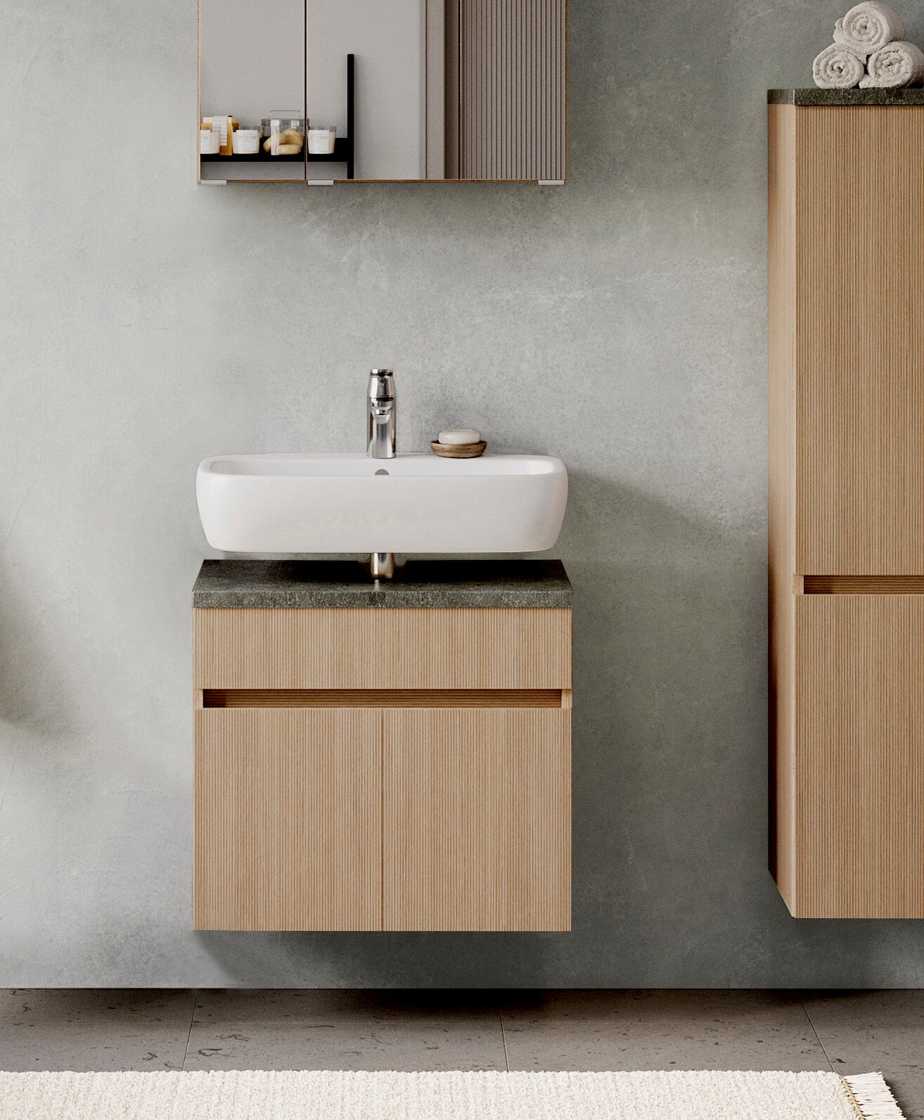 Moderner Waschbeckenunterschrank aus Holz mit integriertem Waschbecken, frontal betrachtet.