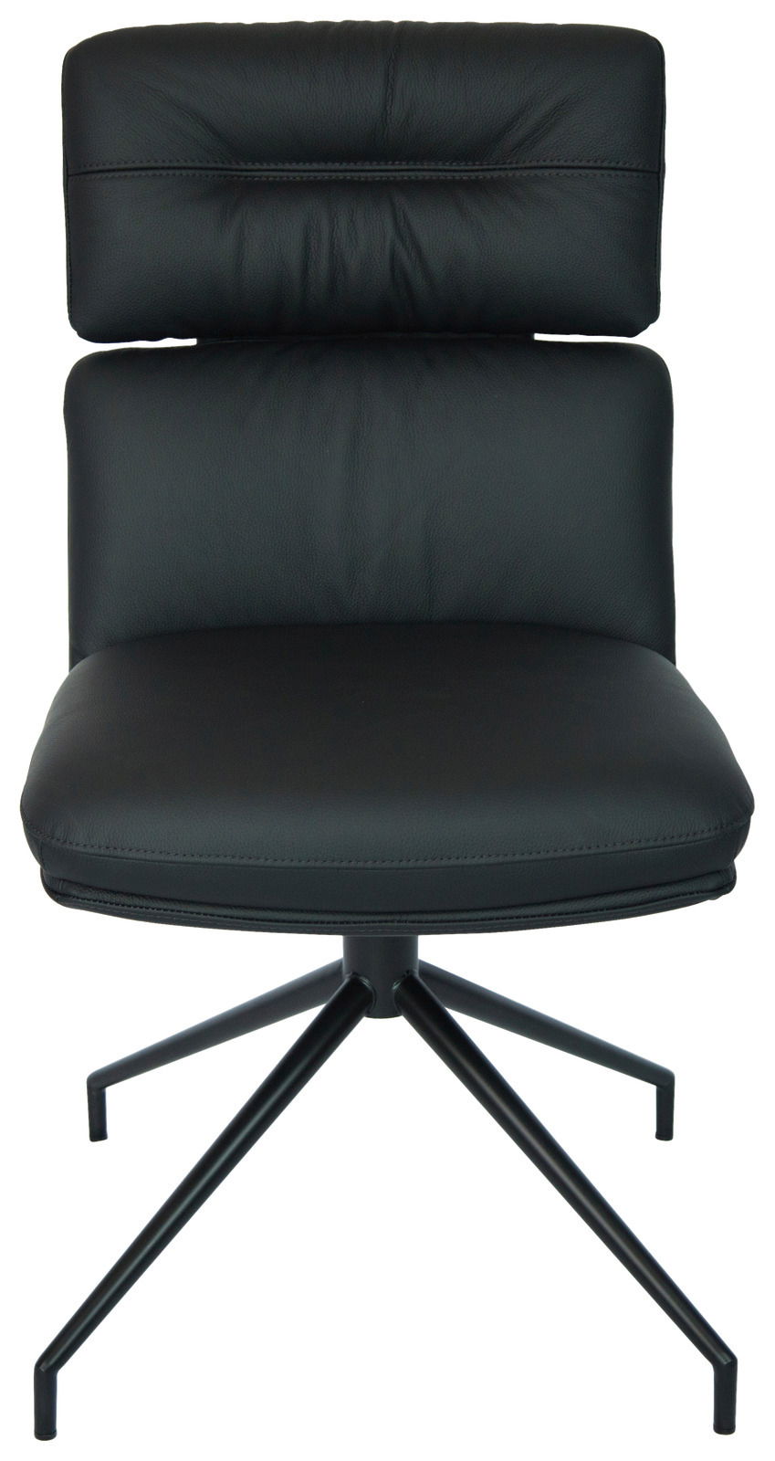 Moderner schwarzer Stuhl mit gepolsterter Rückenlehne und Sitzfläche, Metallgestell, Frontalansicht.