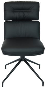 Moderner schwarzer Stuhl mit gepolsterter Rückenlehne und Sitzfläche, Metallgestell, Frontalansicht.