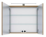 Geöffneter Spiegelschrank mit zwei Glaseinlegeböden und integrierter Beleuchtung, Frontalansicht