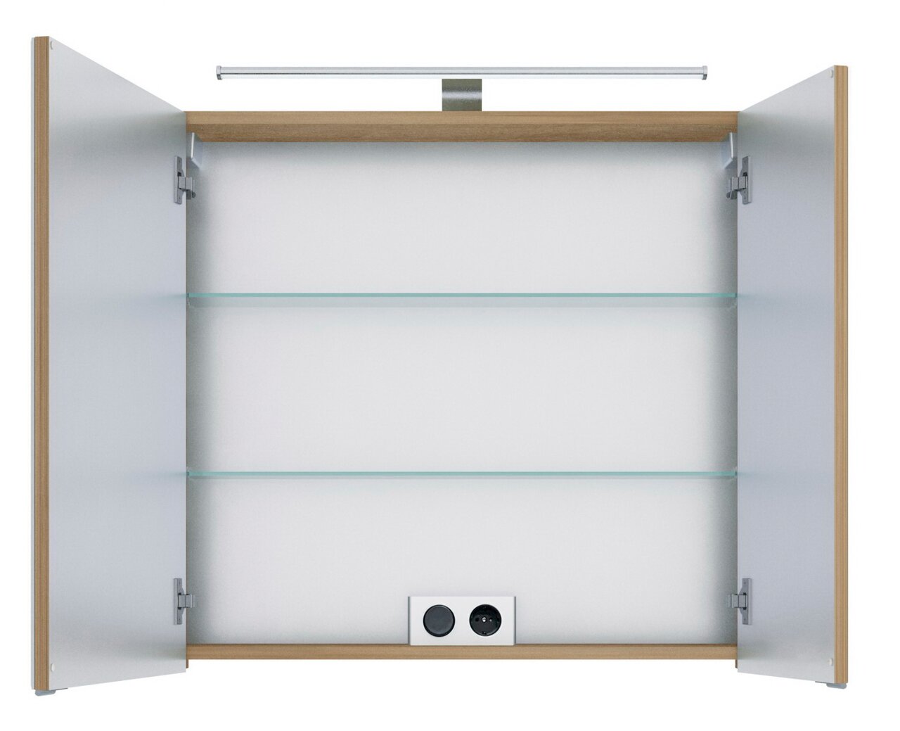 Geöffneter Spiegelschrank mit zwei Glaseinlegeböden und integrierter Beleuchtung, Frontalansicht