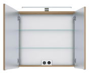 Geöffneter Spiegelschrank mit zwei Glaseinlegeböden und integrierter Beleuchtung, Frontalansicht