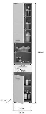 Hochschrank mit mehreren Fächern und Schublade, ideal für Badezimmer, mit geöffneter Tür und sichtbaren Regalen, Perspektive von vorne.