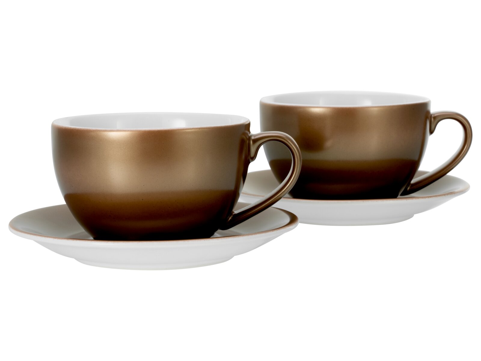 Creatable Cappuccinoset 4-tlg GOLDEN DAYS Zwei braun-goldene Kaffeetassen mit Untertassen, schräg von vorne in Seitenansicht vor weißem Hintergrund fotografiert