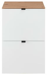 Schmaler Hänge-Schuhschrank mit zwei weißen Klappen und einer Holzoberfläche, Frontalansicht