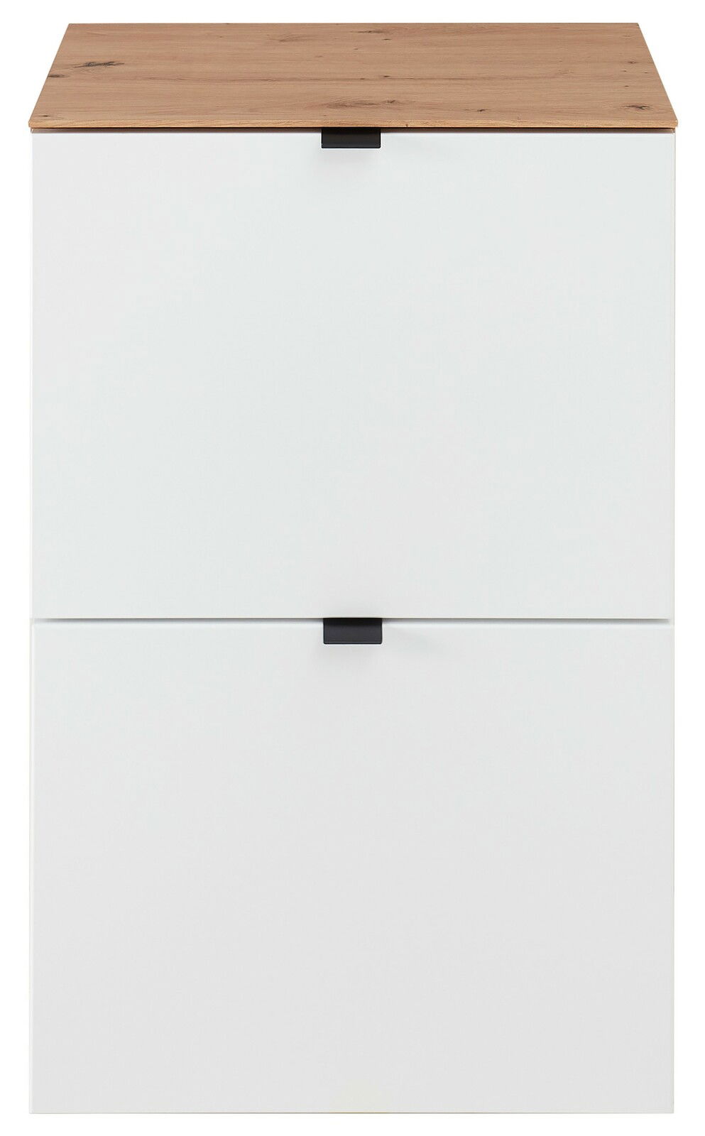 Schmaler Hänge-Schuhschrank mit zwei weißen Klappen und einer Holzoberfläche, Frontalansicht