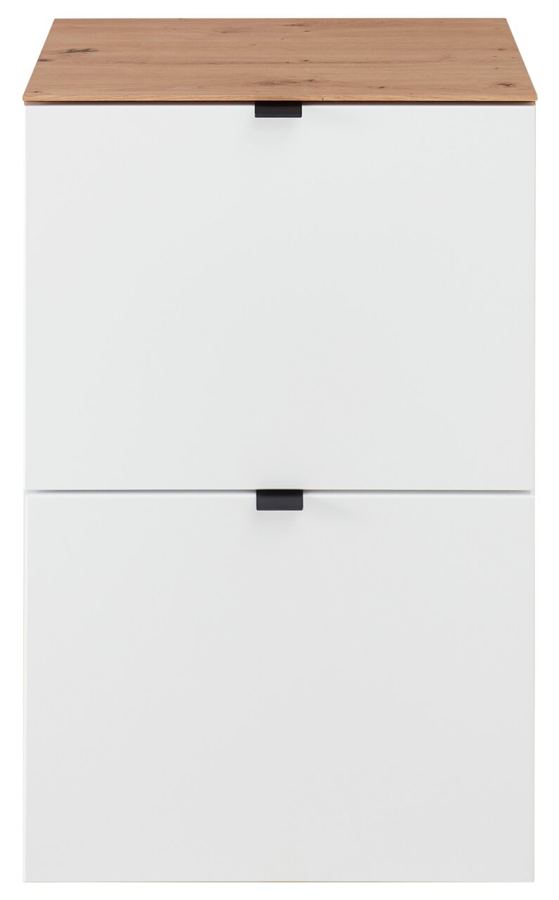 Schmaler Hänge-Schuhschrank mit zwei weißen Klappen und einer Holzoberfläche, Frontalansicht