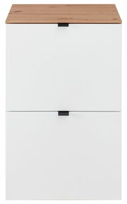 Schmaler Hänge-Schuhschrank mit zwei weißen Klappen und einer Holzoberfläche, Frontalansicht