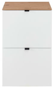 Schmaler Hänge-Schuhschrank mit zwei weißen Klappen und einer Holzoberfläche, Frontalansicht