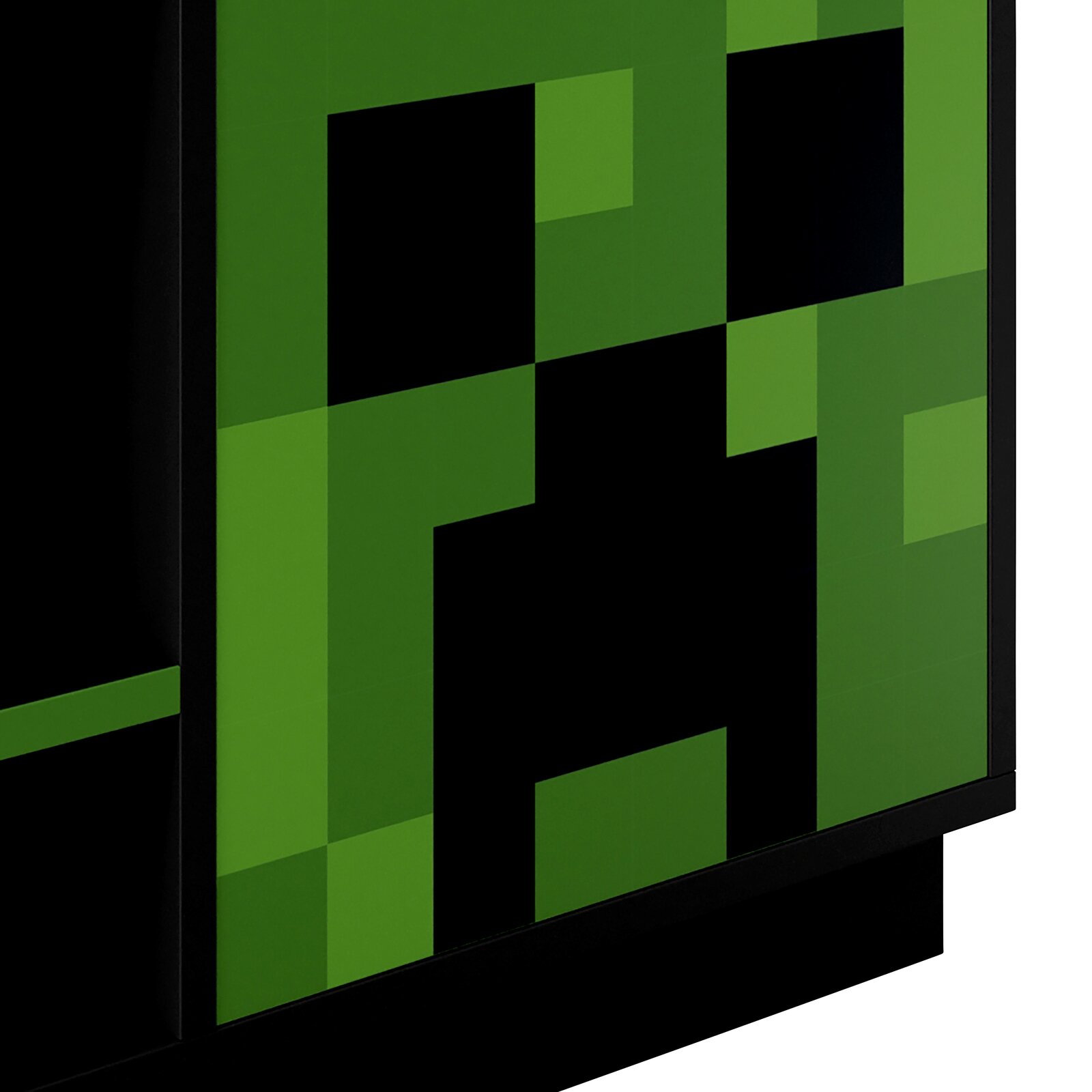 Nahaufnahme der Vorderseite eines schwarzen Schranks/Kommodenmöbels mit grünem Pixel-Design, schräg von vorn rechts fotografiert.