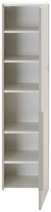 Moderner Garderobenschrank mit fünf offenen Regalfächern, seitliche Perspektive