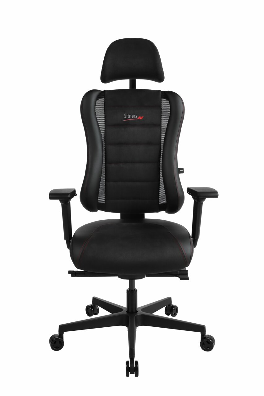 Schwarzer Gaming-Stuhl mit ergonomischem Design, Kopfstütze und Armlehnen, Vorderansicht