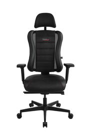 Schwarzer Gaming-Stuhl mit ergonomischem Design, Kopfstütze und Armlehnen, Vorderansicht