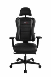 Schwarzer Gaming-Stuhl mit ergonomischem Design, Kopfstütze und Armlehnen, Vorderansicht