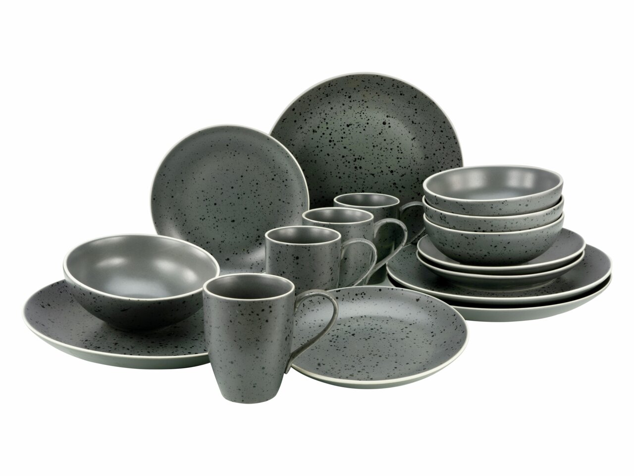Kombiservice Industrial Chic in grauer Farbe mit schwarzem Sprenkelmuster, bestehend aus Tellern, Schalen und Tassen, aus frontaler Perspektive.