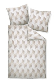 Bettwäsche-Set mit geometrischem Muster in Beige- und Weißtönen, bestehend aus einem Bettbezug und zwei Kissenbezügen, aus der Vogelperspektive fotografiert.