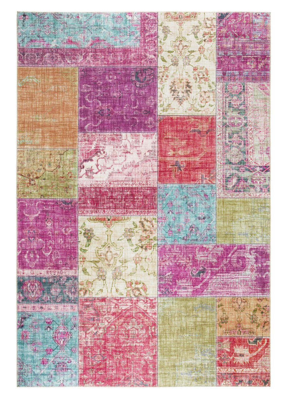 Bunter Patchwork-Teppich in verschiedenen Farben und Mustern, Draufsicht