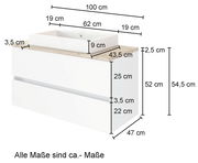 Waschtisch-Set mit zwei Schubladen, weiß, mit Holzoberfläche, Maße: 100 cm Breite, 54,5 cm Höhe, 47 cm Tiefe, seitliche Perspektive