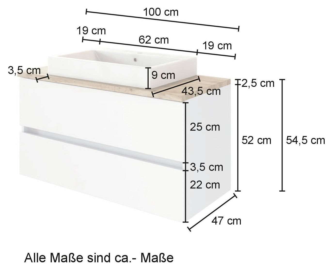 Waschtisch-Set mit zwei Schubladen, weiß, mit Holzoberfläche, Maße: 100 cm Breite, 54,5 cm Höhe, 47 cm Tiefe, seitliche Perspektive