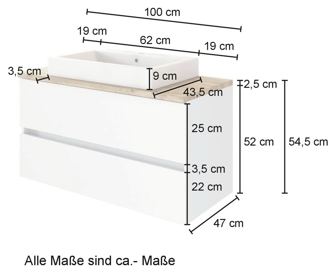 Waschtisch-Set mit zwei Schubladen, weiß, mit Holzoberfläche, Maße: 100 cm Breite, 54,5 cm Höhe, 47 cm Tiefe, seitliche Perspektive