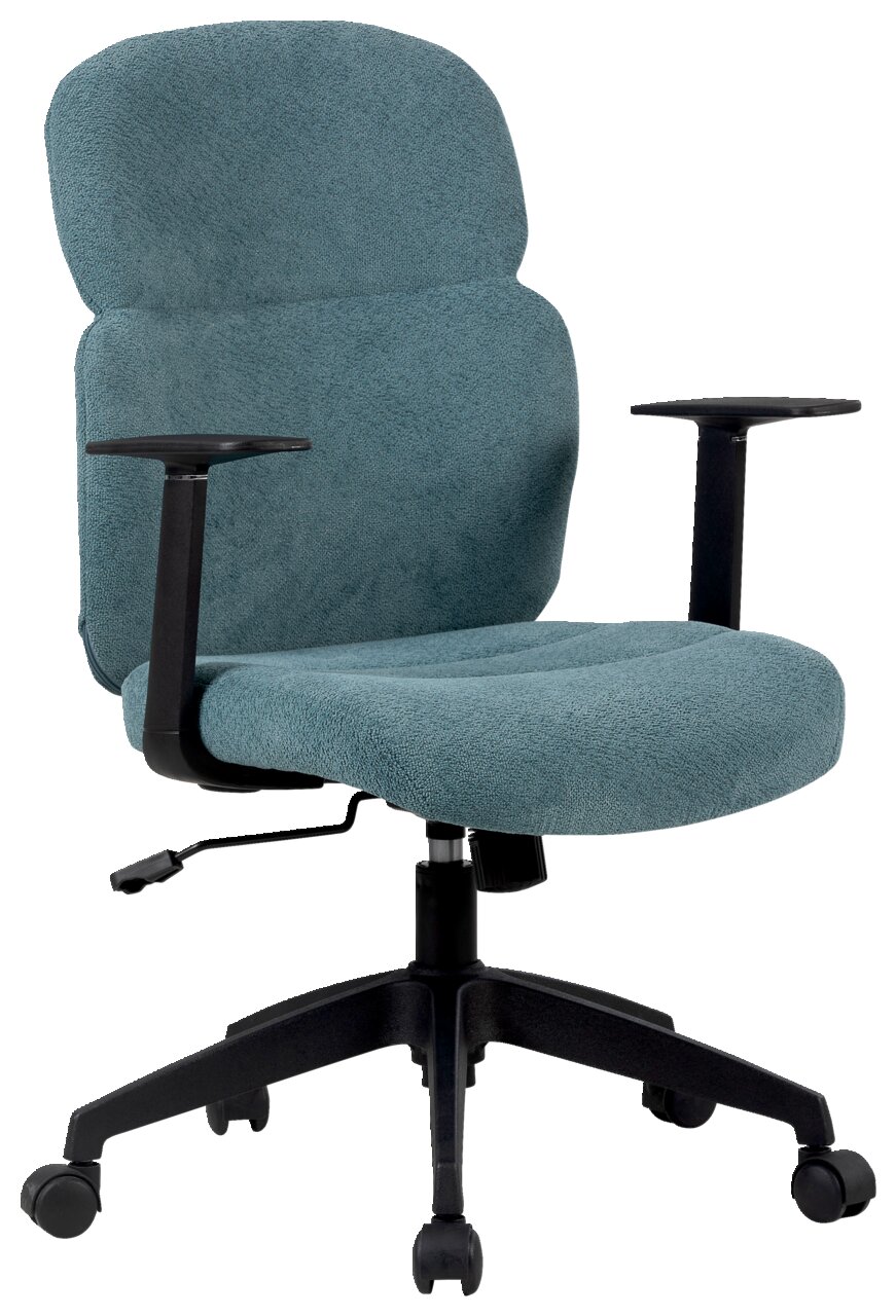 Moderner Drehstuhl in blauer Stoffpolsterung mit Armlehnen, seitliche Perspektive