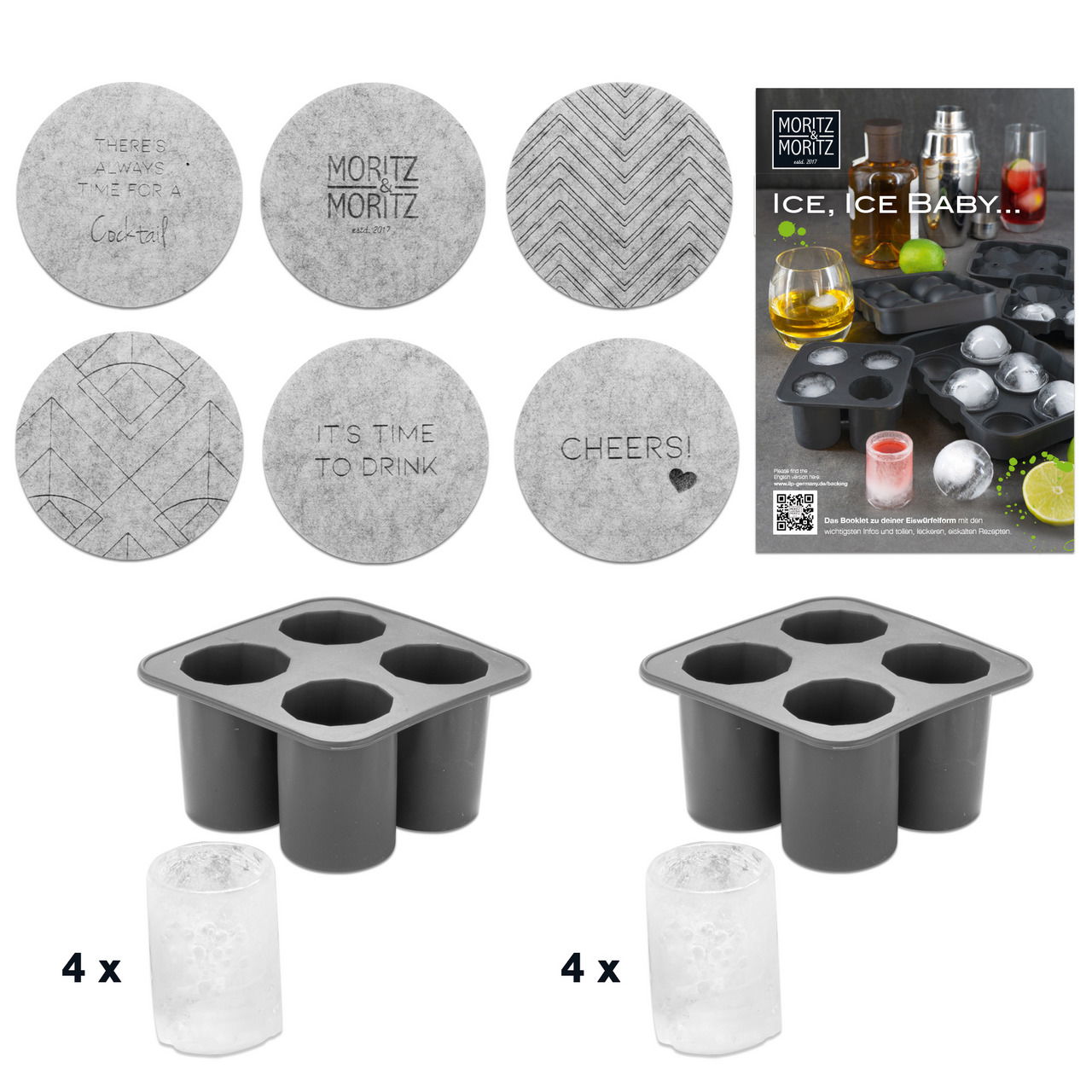 Eiswürfelform Set mit vier runden Formen, ideal für Cocktails, mit Untersetzern und Rezeptheft, Perspektive von oben