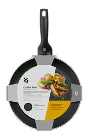 Pfanne CERADUR PROFI von oben mit Verpackung, schwarzer Griff und Antihaftbeschichtung.