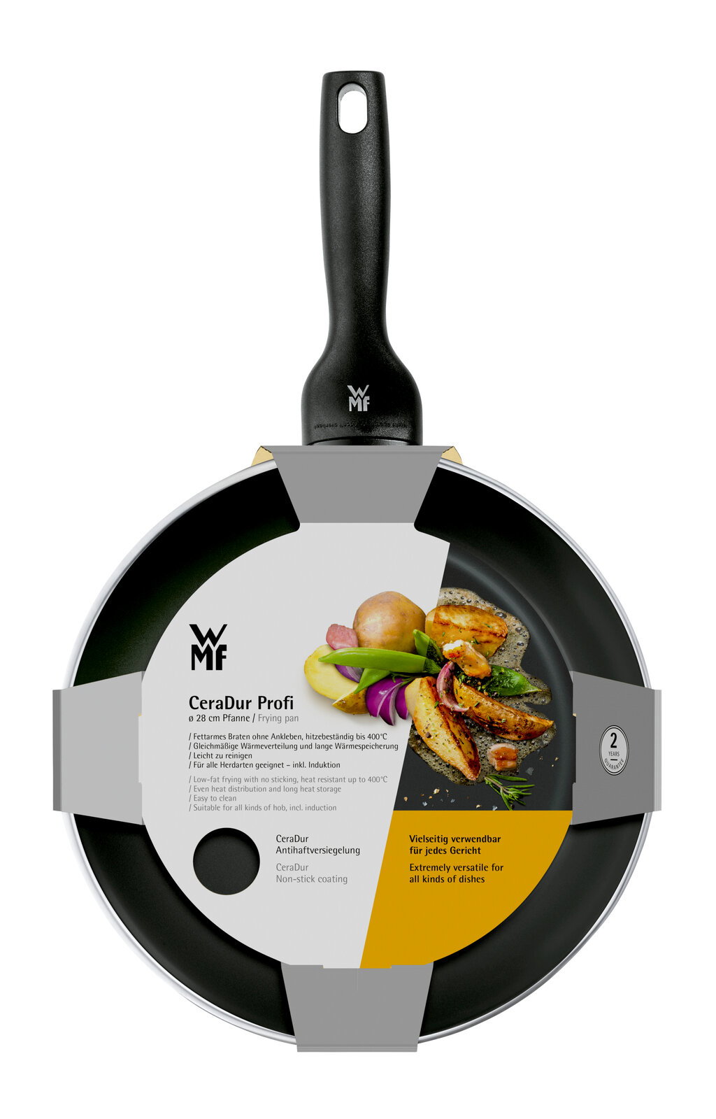 Pfanne CERADUR PROFI von oben mit Verpackung, schwarzer Griff und Antihaftbeschichtung.