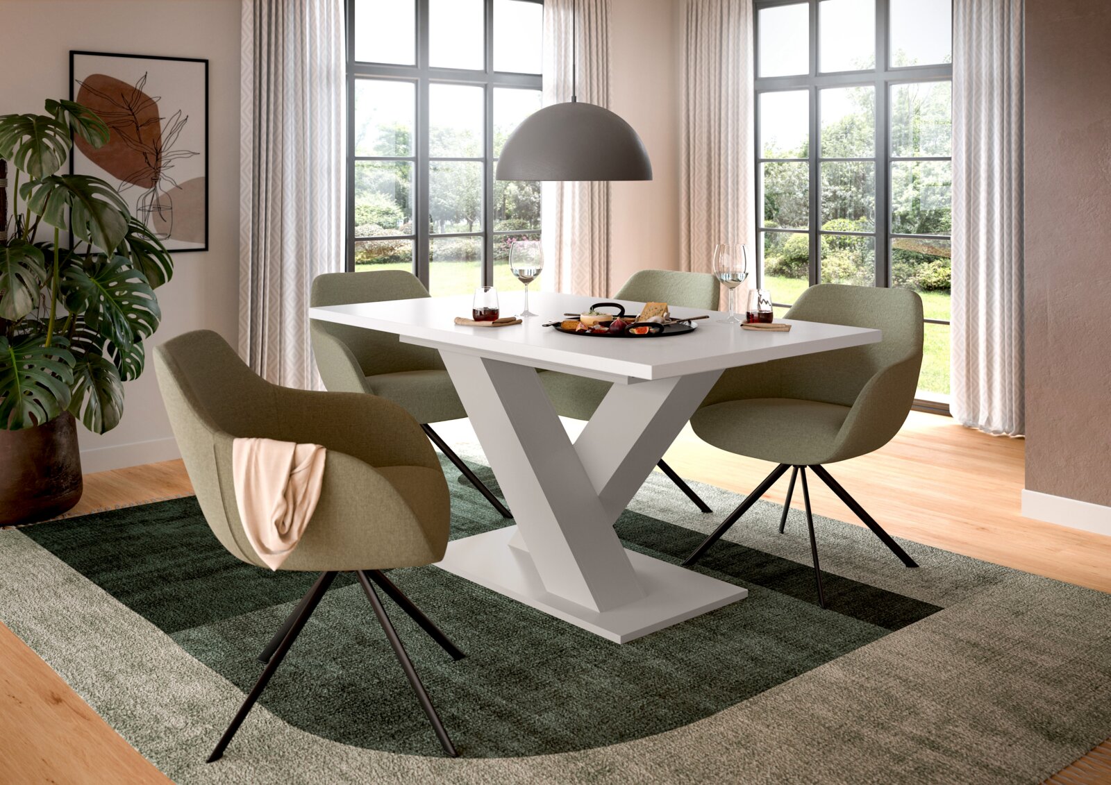 Modernes Esszimmer-Set mit weißem Esstisch mit V-Gestell und vier olivgrünen Polsterstühlen auf Teppich, Perspektive: leicht schräg von vorne auf Tisch und Stühle.