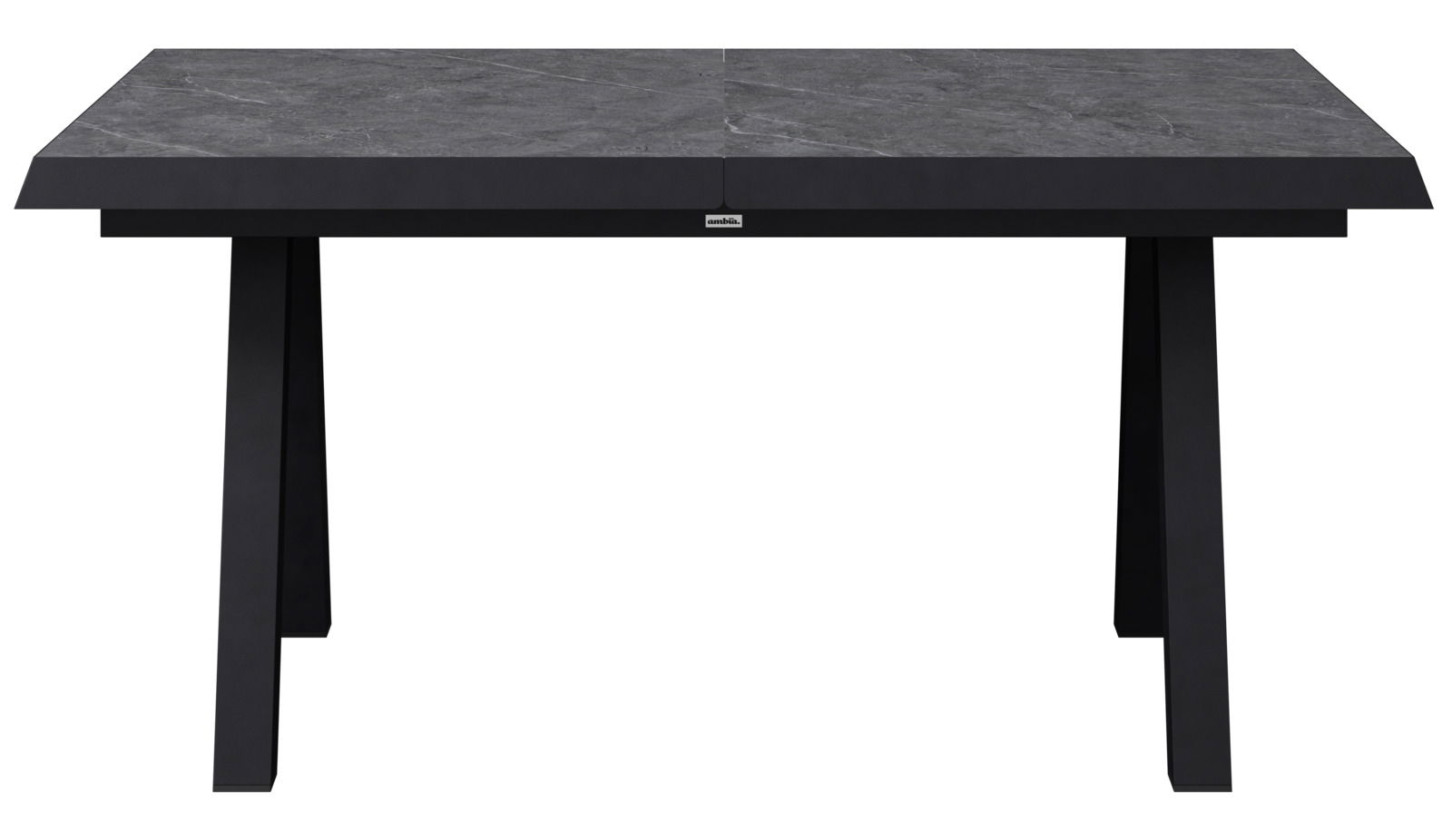 Moderner, ausziehbarer Gartentisch mit dunkler Tischplatte, frontal betrachtet.