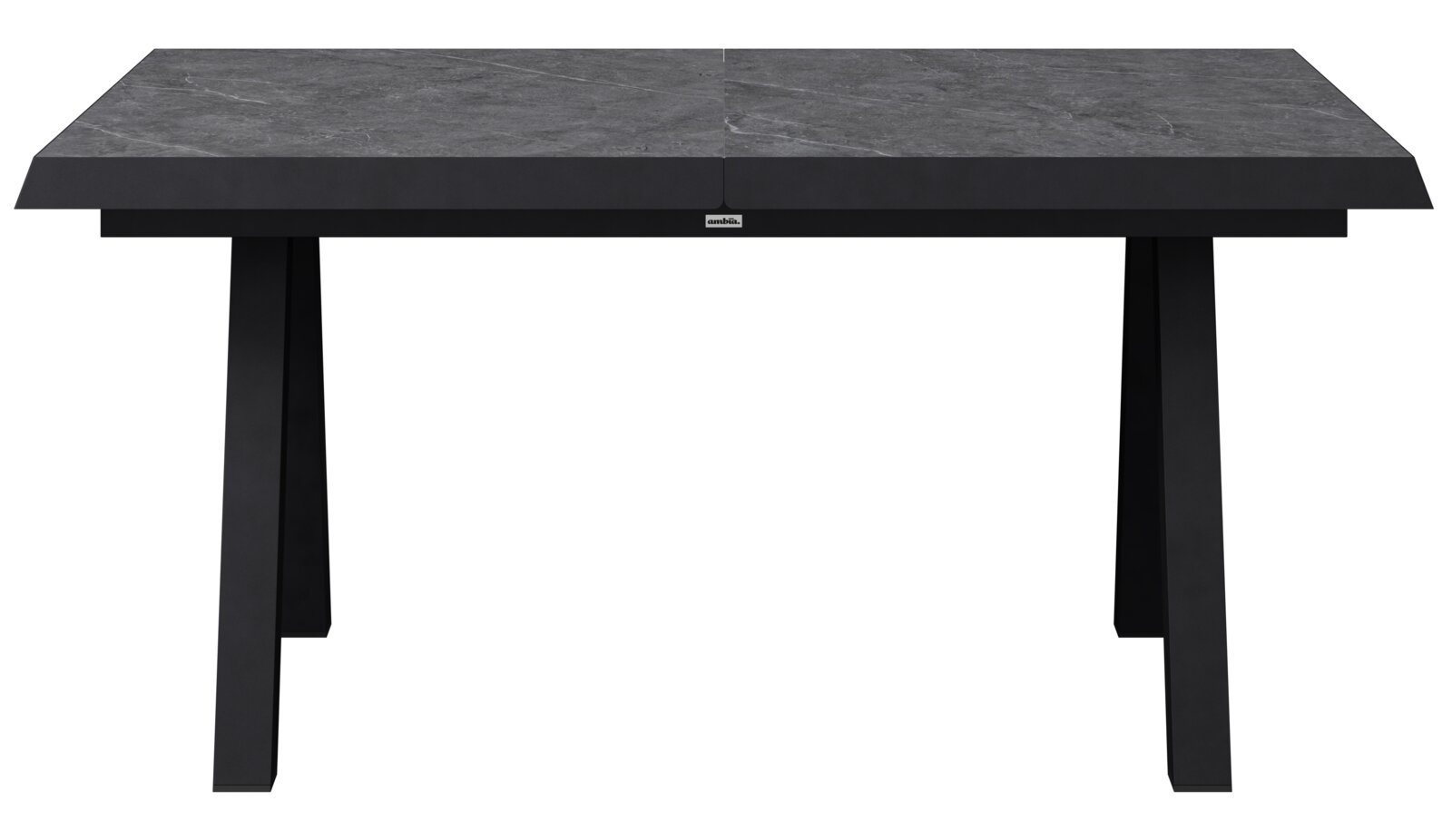 Moderner, ausziehbarer Gartentisch mit dunkler Tischplatte, frontal betrachtet.