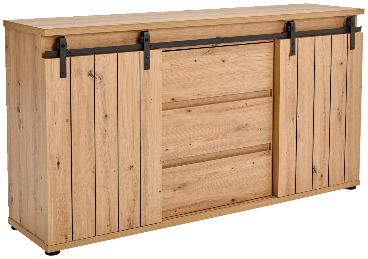 Holz-Sideboard mit Schiebetüren aus der Perspektive von vorne links