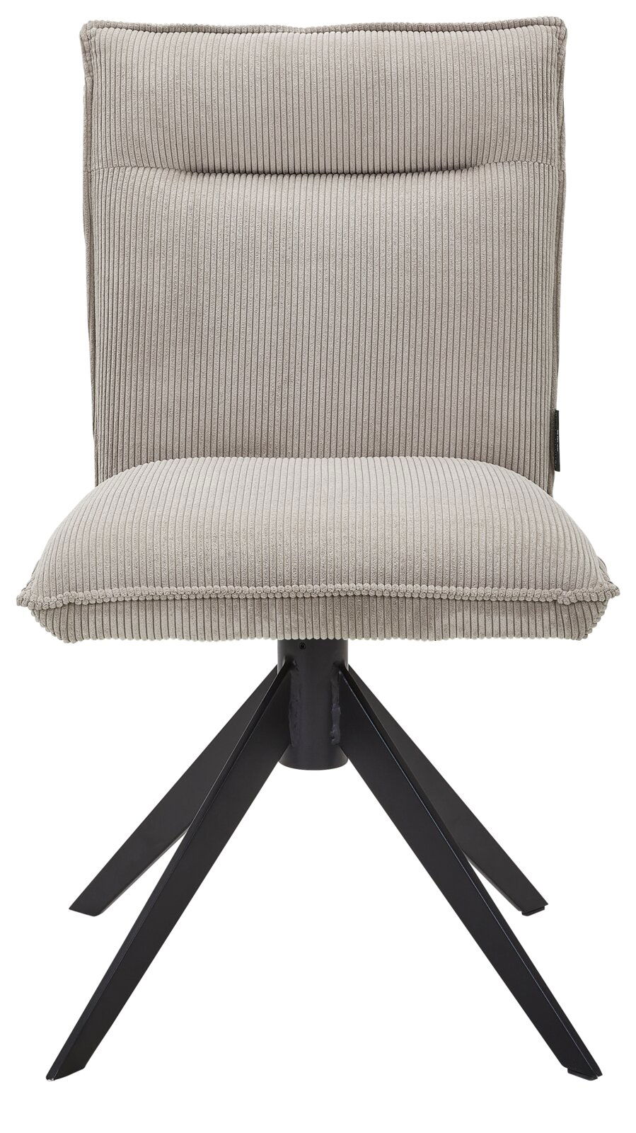 Moderner Stuhl mit gepolstertem, geripptem Stoffbezug und schwarzem Metallgestell, Frontalansicht.