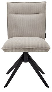 Moderner Stuhl mit gepolstertem, geripptem Stoffbezug und schwarzem Metallgestell, Frontalansicht.