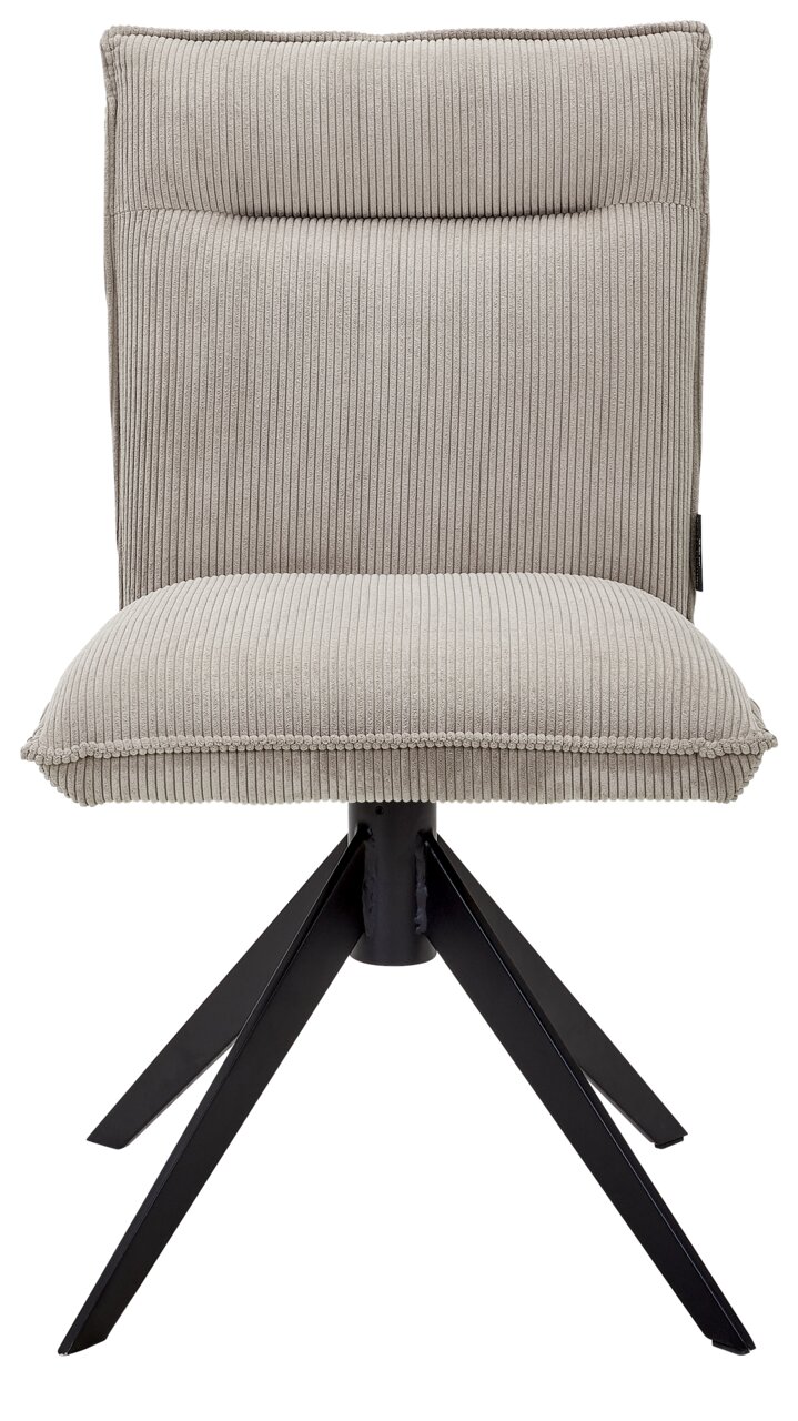 Moderner Stuhl mit gepolstertem, geripptem Stoffbezug und schwarzem Metallgestell, Frontalansicht.