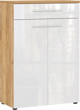 Moderner Schuhschrank mit Holzoptik und weißen Hochglanzfronten, Frontalansicht