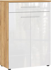 Moderner Schuhschrank mit Holzoptik und weißen Hochglanzfronten, Frontalansicht