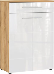 Moderner Schuhschrank mit Holzoptik und weißen Hochglanzfronten, Frontalansicht