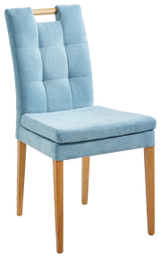 Blauer Stuhl mit gepolsterter Sitzfläche und Rückenlehne, Holzbeine, seitliche Perspektive