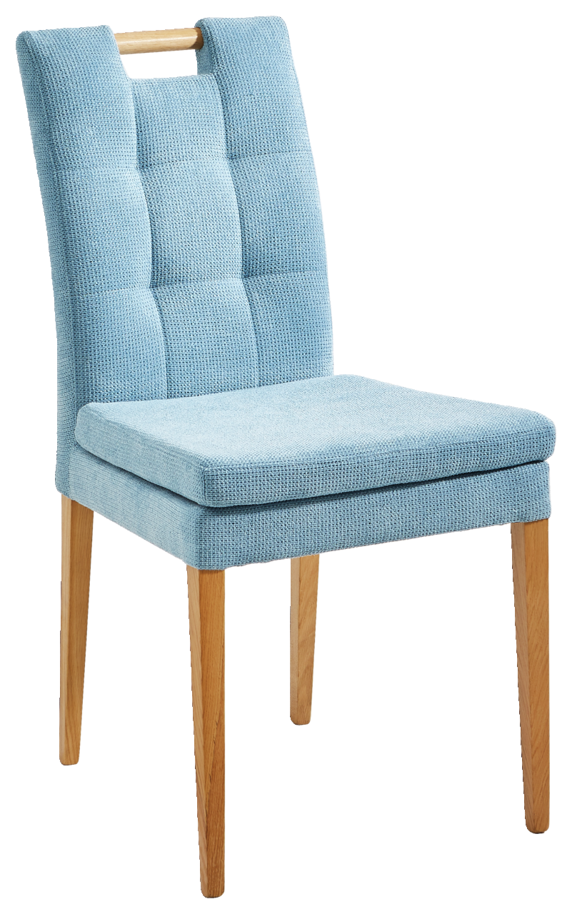 Blauer Stuhl mit gepolsterter Sitzfläche und Rückenlehne, Holzbeine, seitliche Perspektive